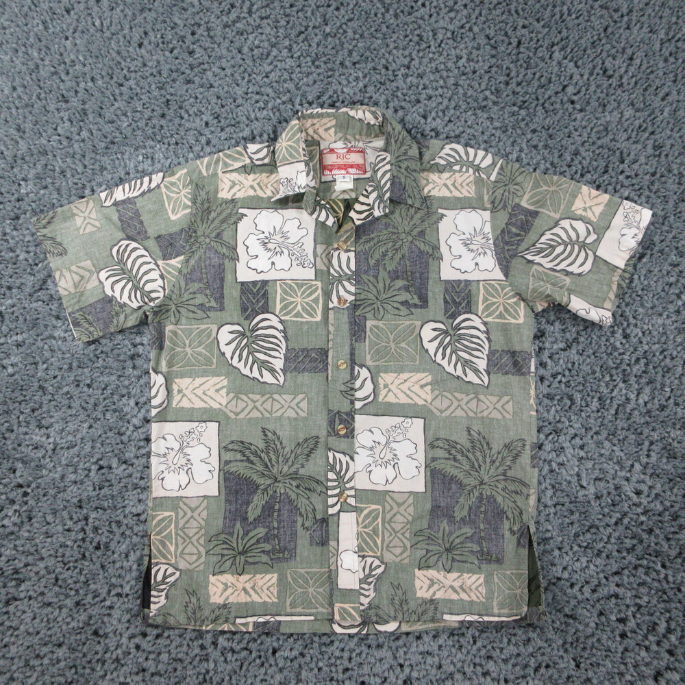 RJC Shirt Mens Small Green Beige Floral Tropical Hibiscus Beach Button Up
